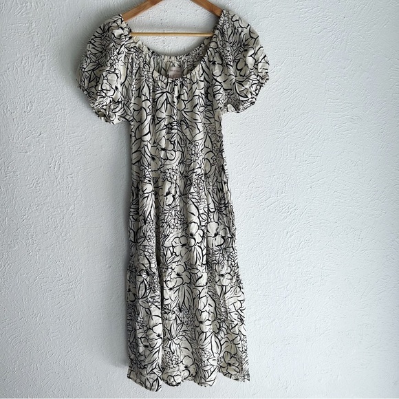 Brixton Indo Linen Swing Tiered Midi Dress Floral Sz Small Ivory - Picture 1 of 7